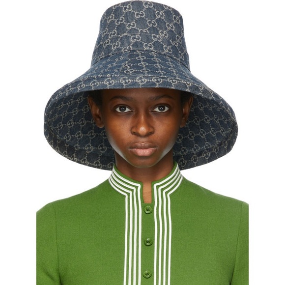 Jacquard Accessories - Navy Blue Jacquard Denim Monogram Wide Large Brim Bucket Hat Beach New Sun Cover